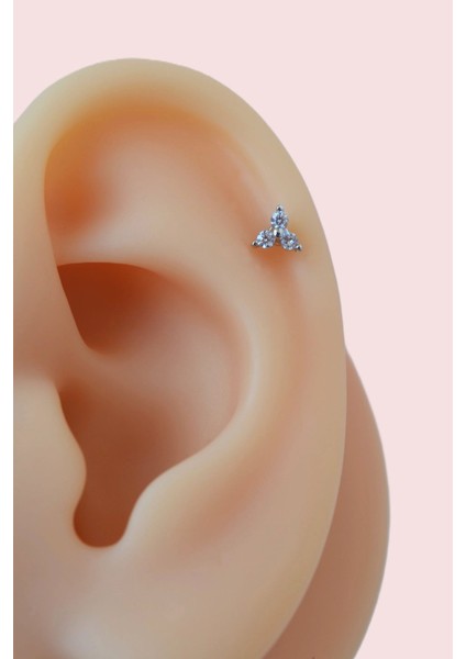 Gümüş Renkli Mini Üçtaşlı Zirkon Piercing Helix Kıkırdak Lob Conch