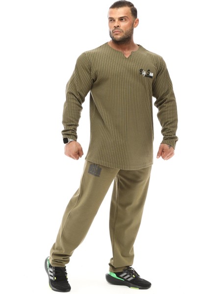 Erkek Haki Pamuklu Rahat Fit Spor Sweatshirt Big Sam 4710