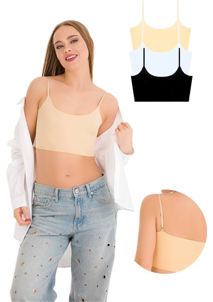 777 Kadın Ince Askılı Lazer Kesim Crop Büstiyer