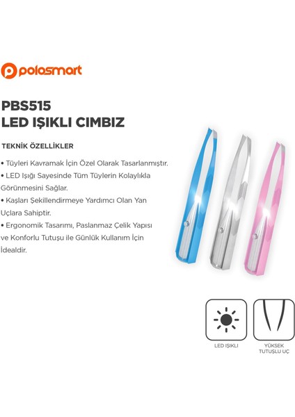 PBS515 Paslanmaz Çelik Ergonomik Ince Uçlu Kaş Şekillendirici LED Işıklı Cımbız Gümüş