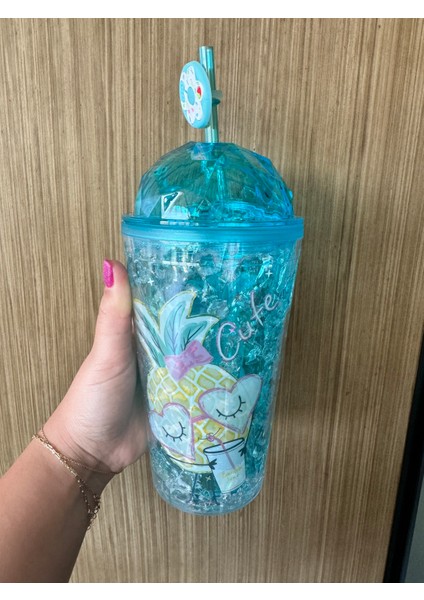 Sevimli Eğlenceli Pipetli Pullu Meyve Desenli Soğuk Içecek Suluk,kokteyl,mavi Bardak-Yeşil Bardak-Doğum Günü Hediye