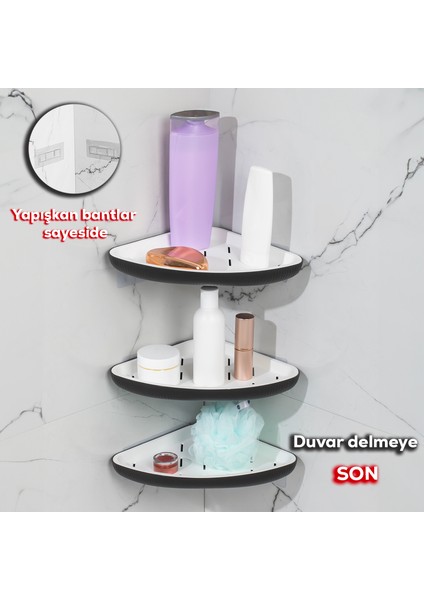 0447 3'lü Istiridye Banyo Köşe Rafı - Yapışkanlı Duş Rafı Banyo Düzenleyici Organizer - Siyah fiyatları