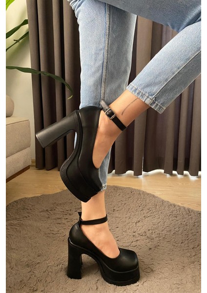 Kadın Elanor Siyah Bilekten Bağlamal (12 Cm ) Platform Topuklu Ayakkabı