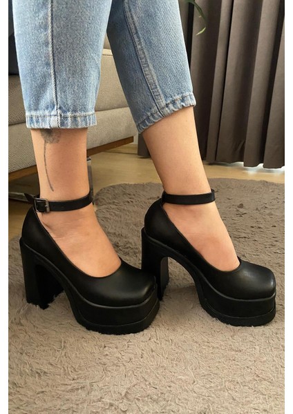 Kadın Elanor Siyah Bilekten Bağlamal (12 Cm ) Platform Topuklu Ayakkabı modelleri