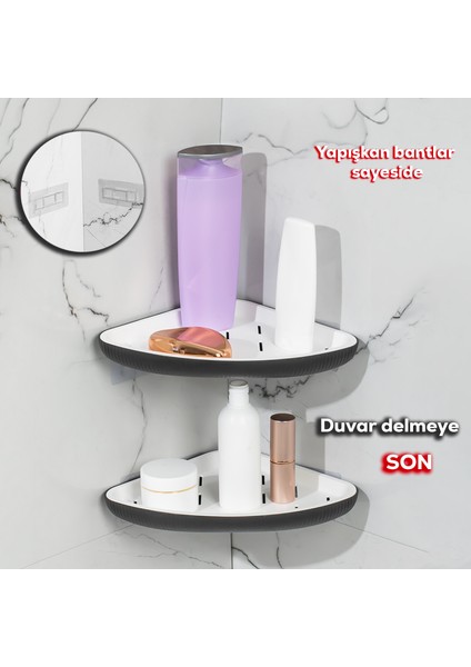 0447 2'li Istiridye Banyo Köşe Rafı - Yapışkanlı Duş Rafı Banyo Düzenleyici Organizer - Antrasit