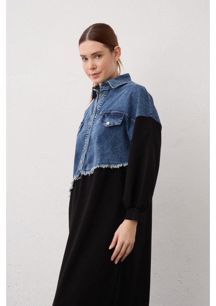 Siyah Denim Detaylı Çıt Çıtlı Pamuklu Örme Elbise modelleri