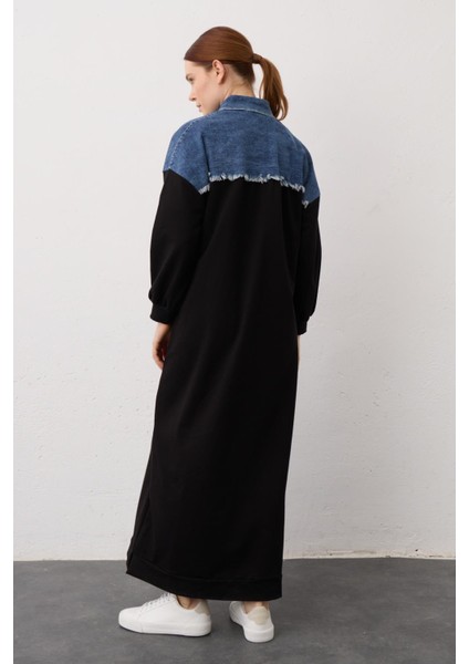 Siyah Denim Detaylı Çıt Çıtlı Pamuklu Örme Elbise fırsatları