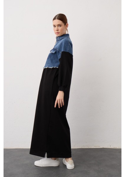 Siyah Denim Detaylı Çıt Çıtlı Pamuklu Örme Elbise indirimleri