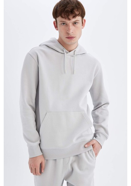 Regular Fit Kapüşonlu Kanguru Cepli İçi Yumuşak Tüylü Basic Düz Sweatshirt X8283AZ24AU