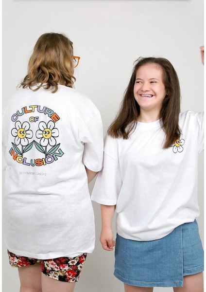 Best Buddies x Dogo Unisex Vegan Beyaz T-Shirt - Daisies Tasarım modelleri