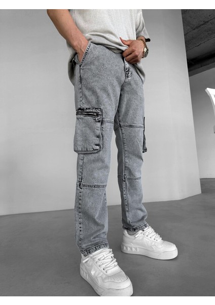 Baggy Fit Jean Fermuar Kargo Cepli Efektli Pantolon Gri