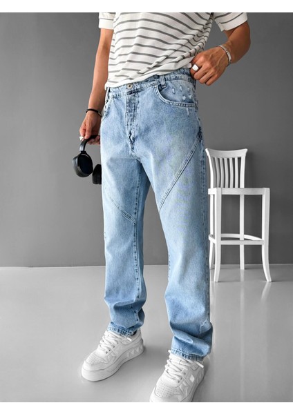 Baggy Fit Dikiş Detaylı Jean Mavi