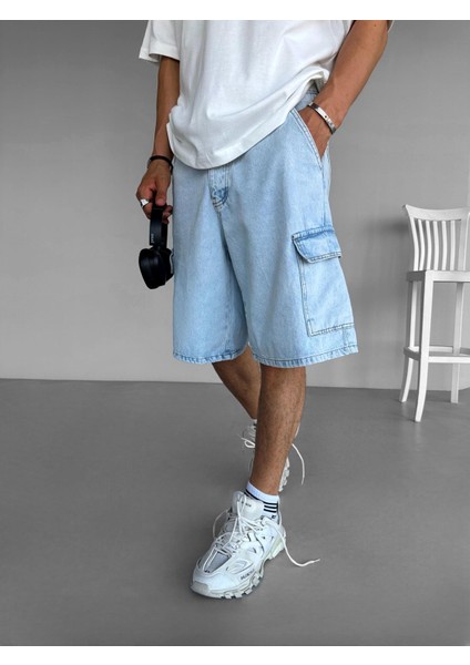 Baggy Fit Kargo Cepli Şort Mavi