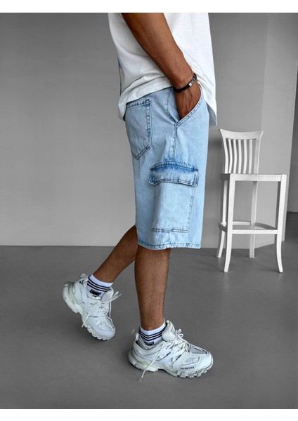 Baggy Fit Kargo Cepli Şort Mavi