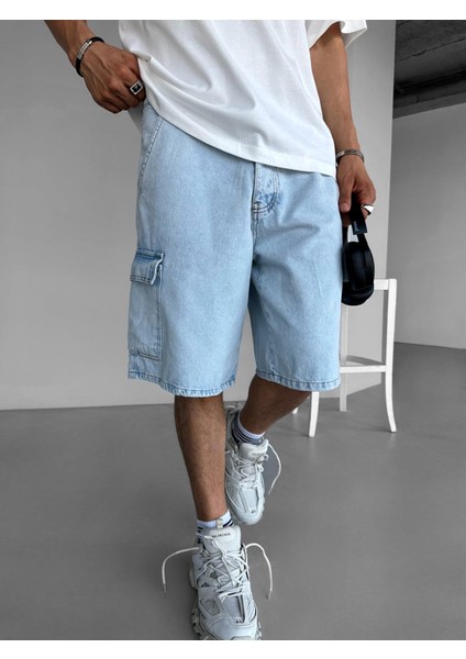 Baggy Fit Kargo Cepli Şort Mavi