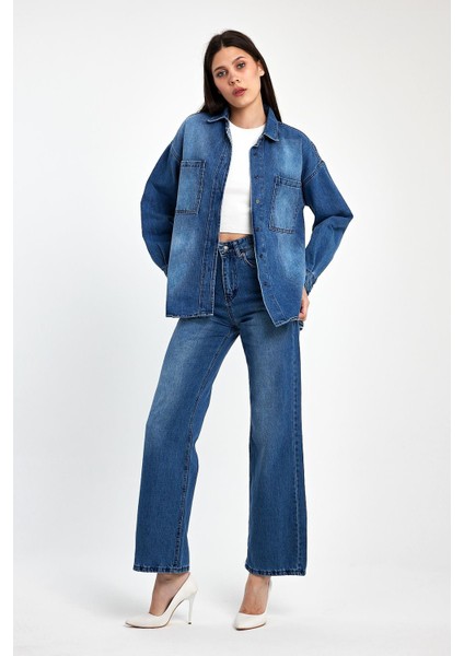Koyu Mavi %100 Pamuk Kadın Alt Üst Denim Takım