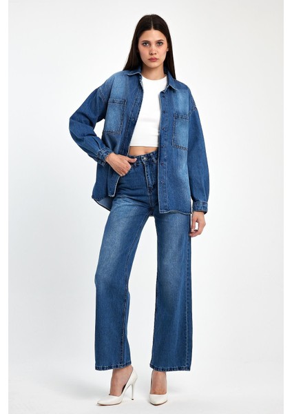 Koyu Mavi %100 Pamuk Kadın Alt Üst Denim Takım fırsatları