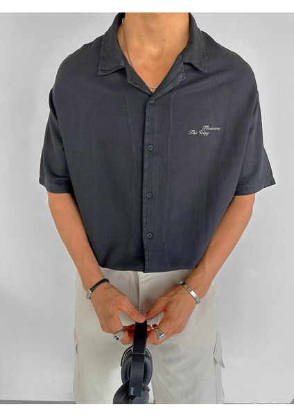 Oversize 'flowers The Way' Baskılı Desenli Gömlek Füme