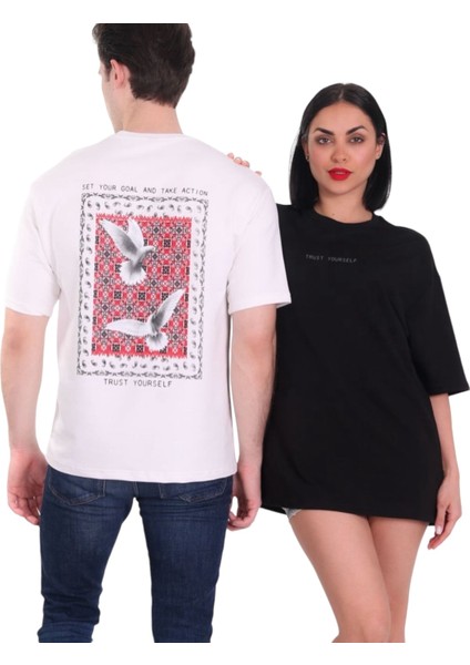 Sırt Baskılı Beyaz Oversize Tişört - Unisex Oversize Beyaz Tshirt modelleri