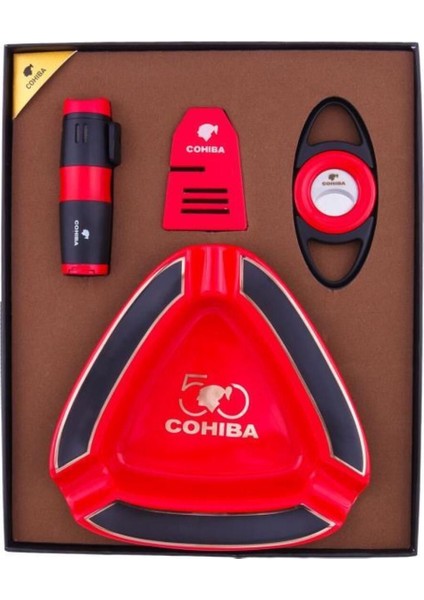 Cohiba Çakmak Kesici Puro Tutucu Masa Küllük Dörtlü Kırmızı Puro Seti CST0207