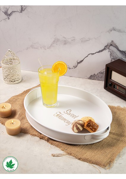 Lemna 37cm Metal Tepsi, Oval Çay Tepsisi, Sunum Tepsisi, Kahve Tepsisi