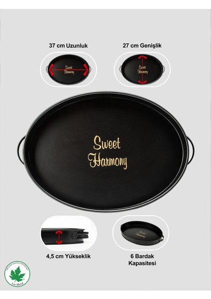 Lemna 37cm Metal Tepsi, Oval Çay Tepsisi, Sunum Tepsisi, Kahve Tepsisi