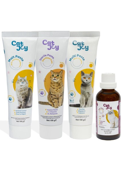 Catjoy Kedi 4 Lü Avantaj Seti Anti-Hairball Malt & Multivitamin Malt & Sterile Malt & Plus B Damla