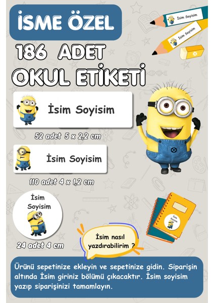 Okul Etiketi , Isme Özel Yazılabilen Etiket , Defter Kalem Etiket SETI-186 Adet/ E012/MINIONS