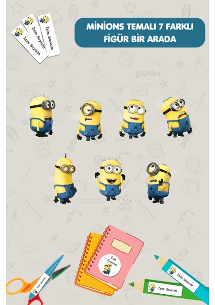 Okul Etiketi , Isme Özel Yazılabilen Etiket , Defter Kalem Etiket SETI-186 Adet/ E012/MINIONS