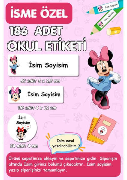 Minnie Mouse Okul Etiketi- Kalem Defter Kitap Etiketi / Isme Özel Etiket - 186 Adet- E006