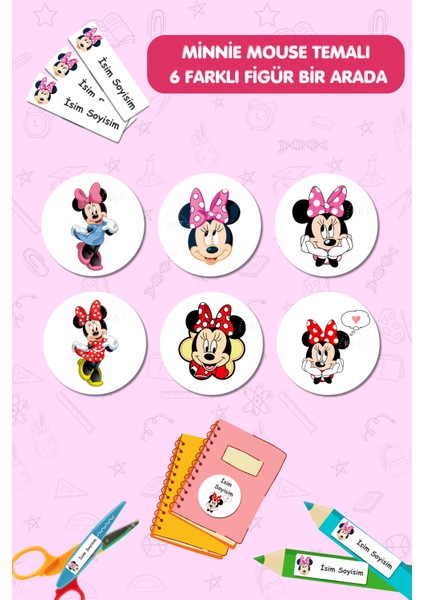 Minnie Mouse Okul Etiketi- Kalem Defter Kitap Etiketi / Isme Özel Etiket - 186 Adet- E006