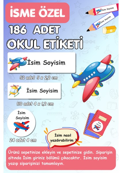 Okul Etiketi Kalem Defter Isimli Etiket Uçaklar Temalı 186 Adet- E010