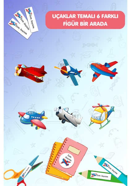 Okul Etiketi Kalem Defter Isimli Etiket Uçaklar Temalı 186 Adet- E010