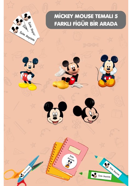 Mickey Mouse Okul Etiketi- Isme Özel Etiket / Kalem Defter Kitap Etiket Seti - 186 Adet- E007