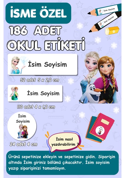 Okul Etiketi, Kalem Defter Kitap Etiketi ,isme Özel Yazılabilen Set - 186 Adet - Elsa / E008