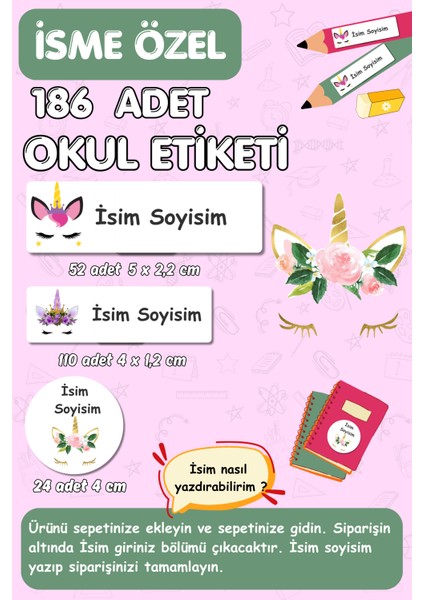 Okul Kalem Defter Kitap Etiketi Isme Özel Yazılabilen Etiket Seti - 186 Adet - Unicorn Temalı / E017