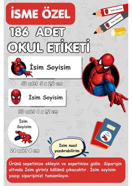 Isme Özel Etiket/ Kalem Defter Kitap Etiket Seti Spiderman - 186 Adet - E013/OKUL Etiketi