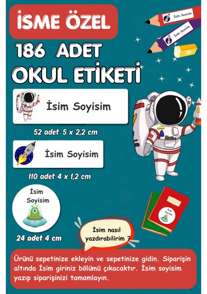 Okul Kalem Defter Etiketi Uzay Temalı Özel Isim Yazılabilen Etiket - 186 Adet - E004