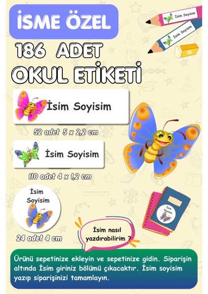 Kalem Defter Kitap Etiketi Isme Özel Yazılabilen Okul Etiket Seti - 186 Adet -Kelebekler /E018