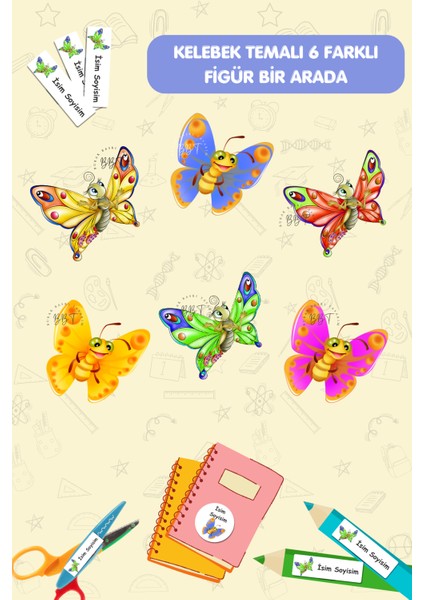 Kalem Defter Kitap Etiketi Isme Özel Yazılabilen Okul Etiket Seti - 186 Adet -Kelebekler /E018