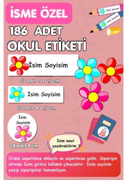 Çiçek Temalı /okul Etiketi Kalem Defter Kitap Seti/ Isme Özel Yazılabilen Etiket - 186 ADET-E019