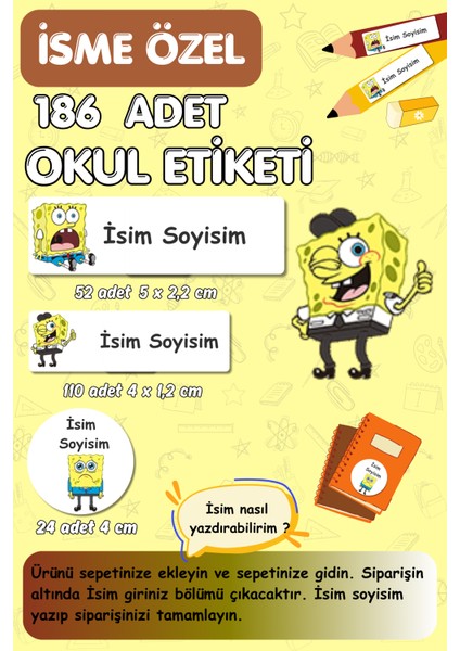 Okul Etiketi Defter Kalem Etiketi Isme Özel Etiket Seti - 186 Adet - E009 - Sünger Bob