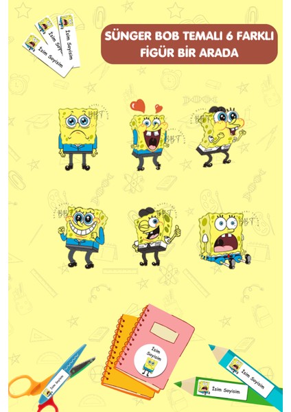 Okul Etiketi Defter Kalem Etiketi Isme Özel Etiket Seti - 186 Adet - E009 - Sünger Bob