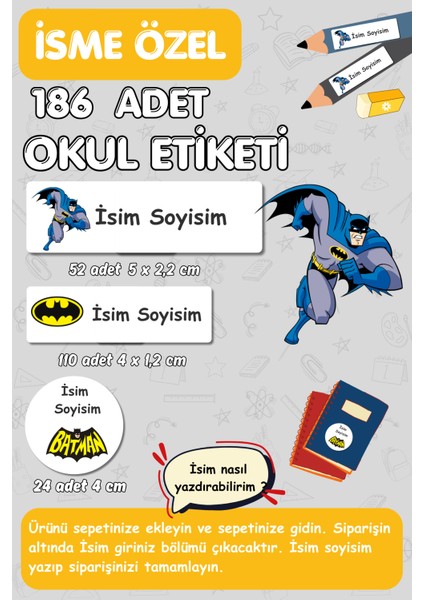 Okul Etiketi/ Kalem Defter Kitap /isme Özel Etiket Seti -186 Adet -Batman Temalı - E015