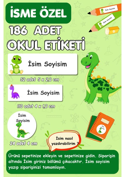 Isme Özel Yazılabilen Etiket Seti Kalem Defter Kitap - 186 Adet-Dinozor Temalı- E016- Okul Etiketi