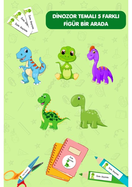 Isme Özel Yazılabilen Etiket Seti Kalem Defter Kitap - 186 Adet-Dinozor Temalı- E016- Okul Etiketi
