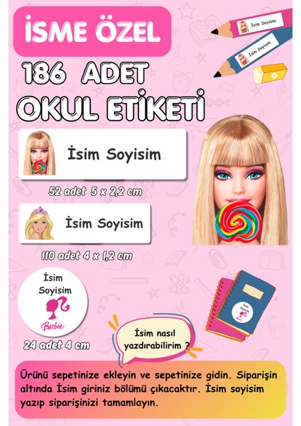 Kalem Defter Etiketi - Isme Özel Yazılabilen Etiket Seti - 186 Adet/barbie -E020/ Okul Etiketi