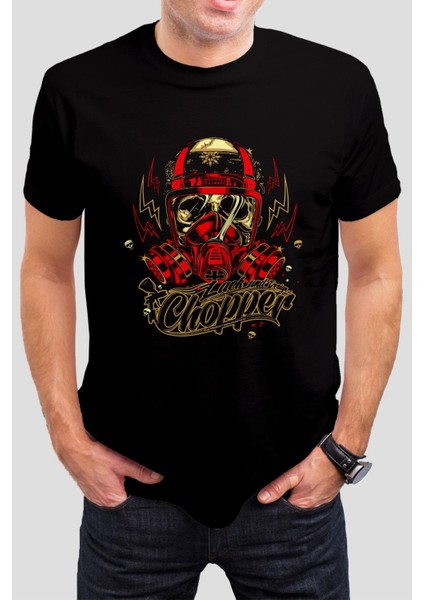 Motorcu Kuru Kafa Baskılı Siyah Tişört C834