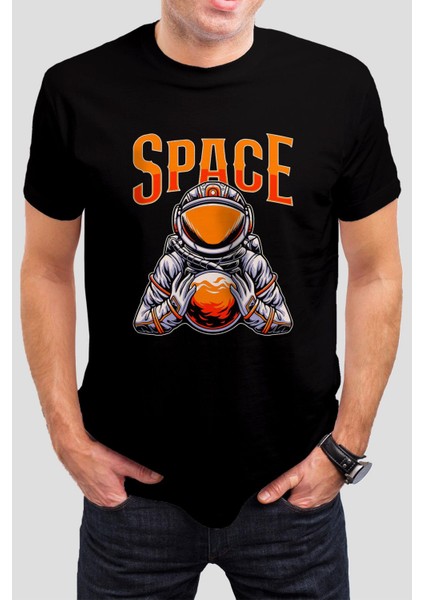 Space Baskılı Siyah Tişört C846