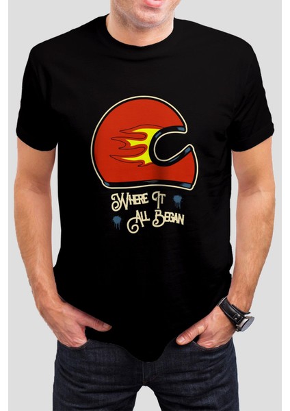 Motorcu Kask Baskılı Siyah Tişört C829